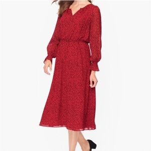 NWT Talbots Red & Black Cheetah Print Smocked Split Neck Midi Dress size‎ 20W